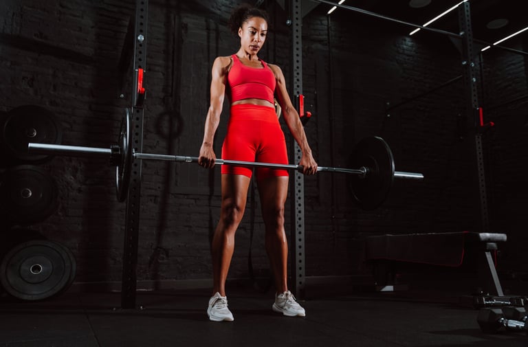 Peak Fitness gym with athletic woman doing workout deadlifts in modern gym