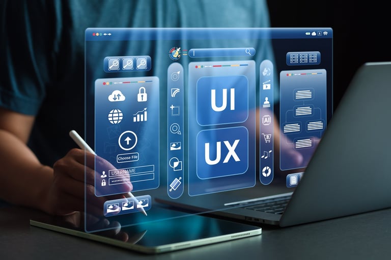 UI/UX design and development with cutting-edge virtual screens displaying code and data
