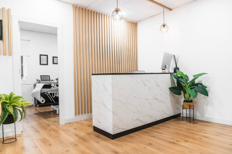 Wellness Hub clean physiotherapy clinic reception with marble counter and plants